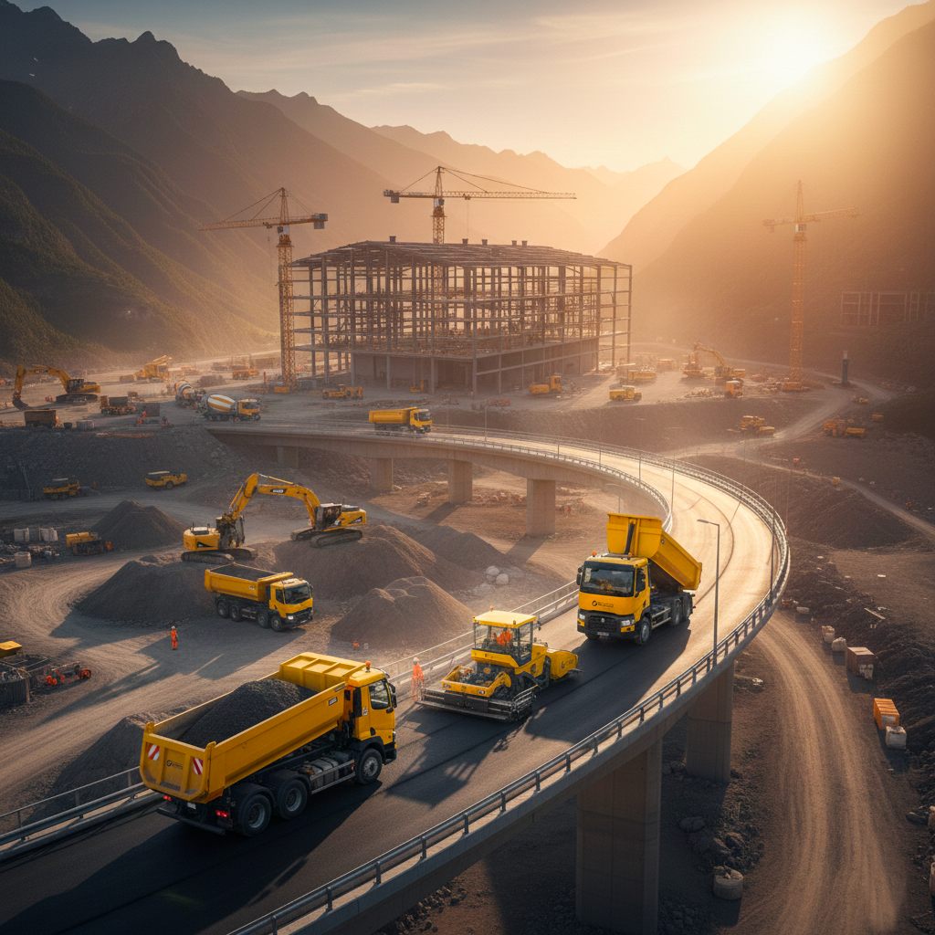 Engins de chantier jaunes sur une route de montagne au lever du jour