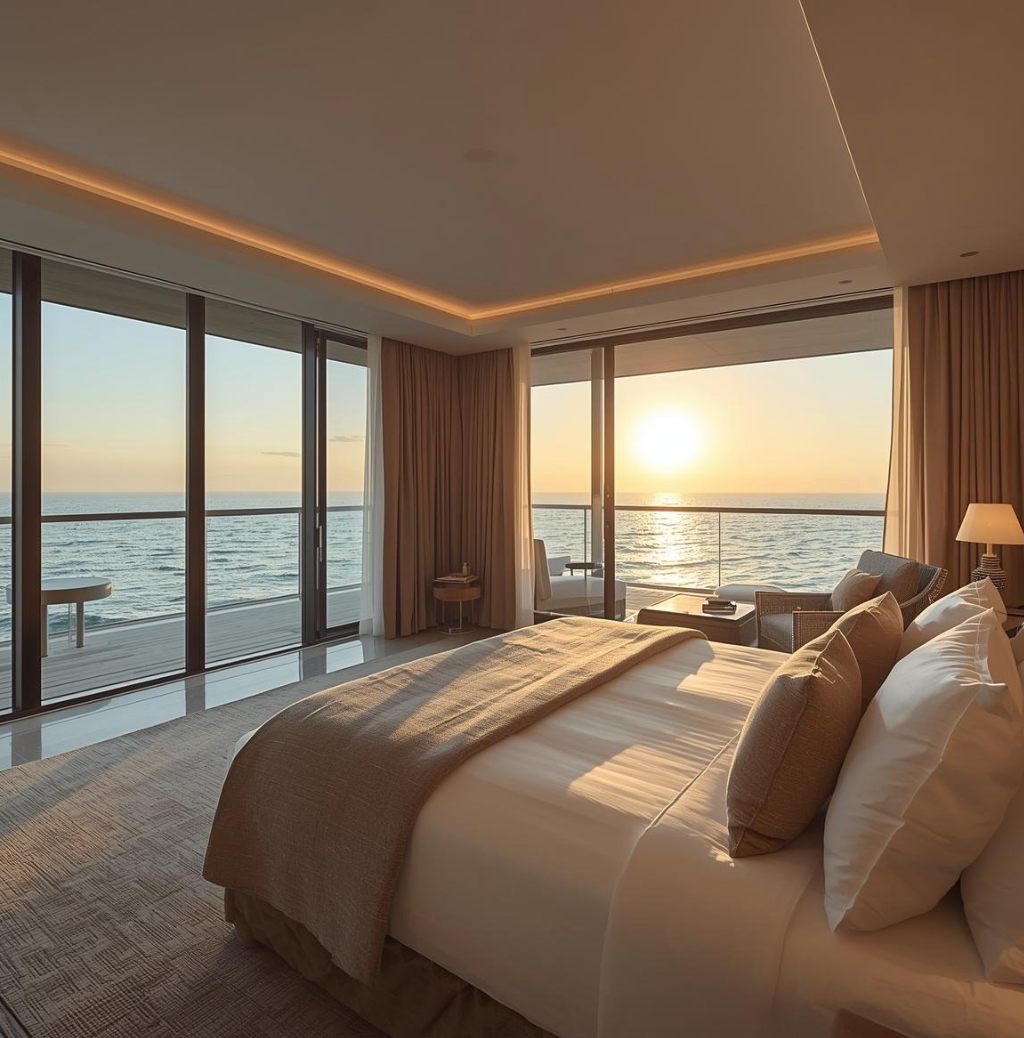 Chambre d’hôtel baignée par la lumière du soleil couchant sur la mer
