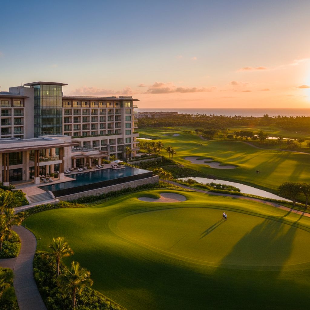 Chambre d’hôtel ouverte sur un parcours de golf au coucher du soleil