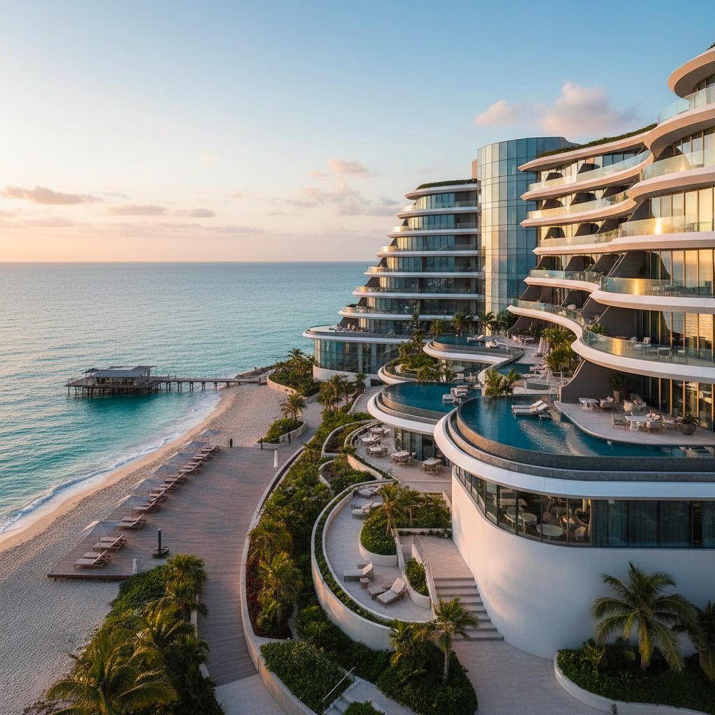 Complexe hôtelier en terrasses face à la mer au coucher du soleil