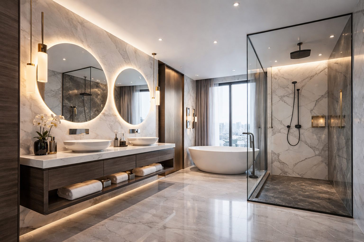 Salle de bain en marbre aux miroirs ronds