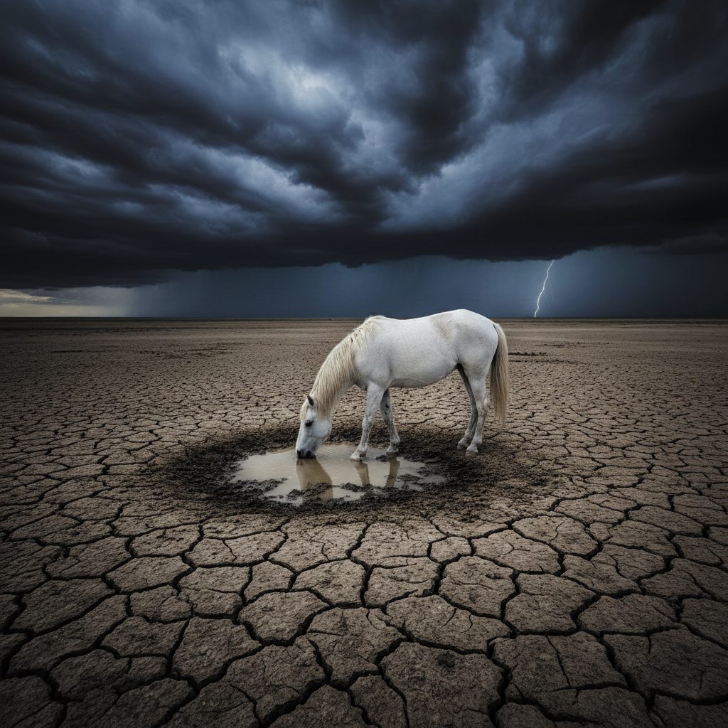 Cheval blanc sur une terre craquelée sous l’orage