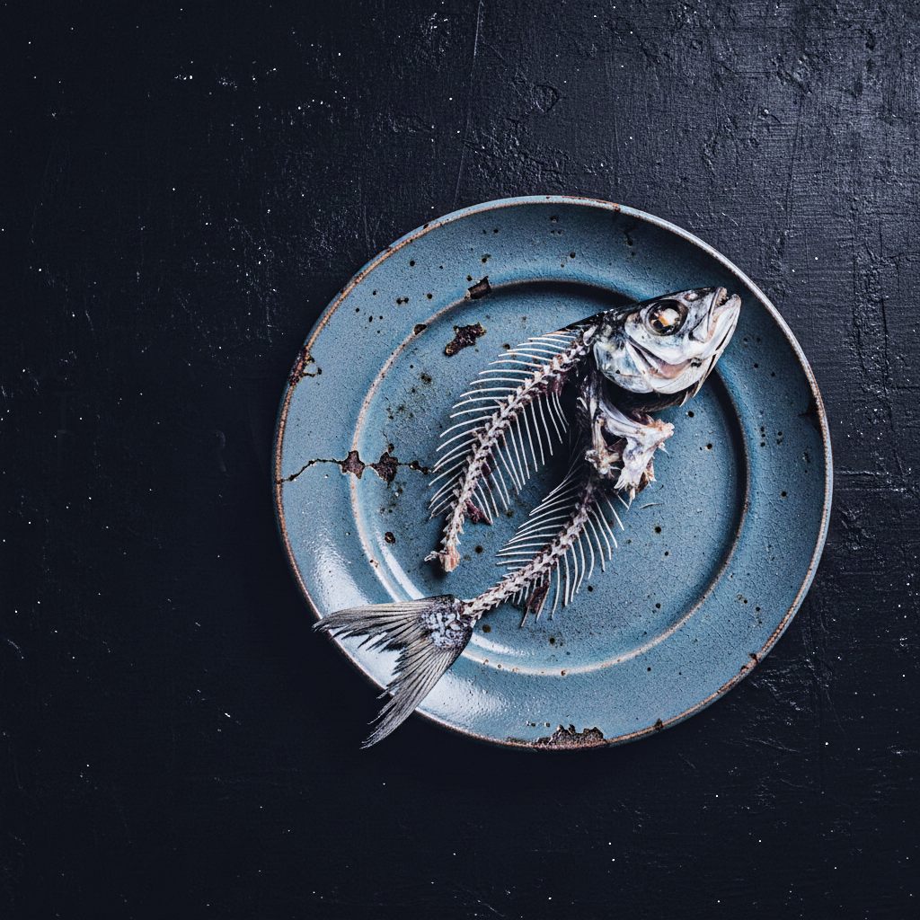 Poisson posé sur une assiette bleue, fond sombre