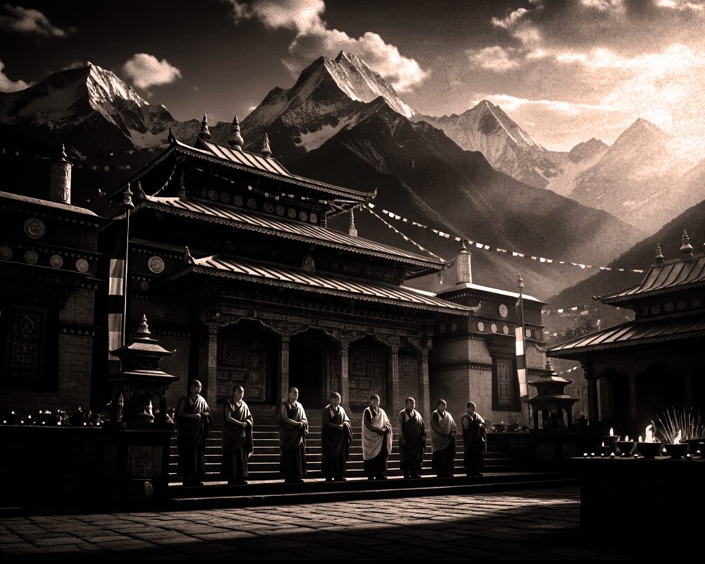 Temple au pied de montagnes sous un ciel chargé
