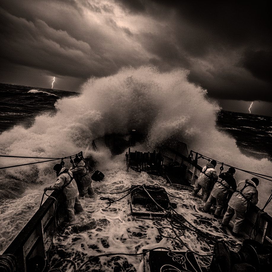Vague déferlant sur la proue d’un bateau dans la tempête